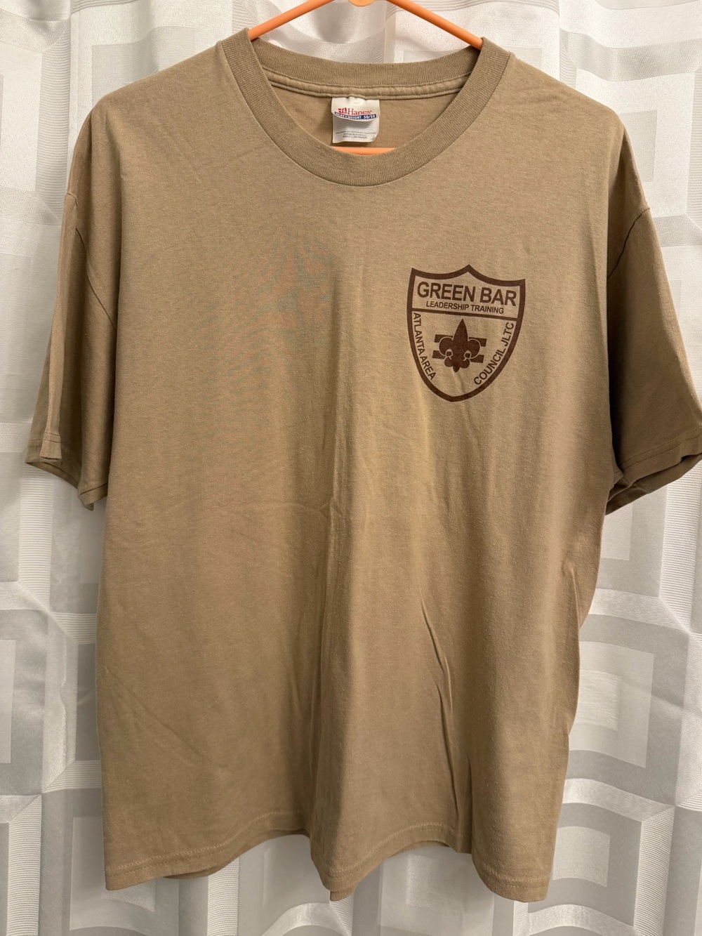 Men’s Boy Scouts BSA Green Bar leadership training Atlanta khaki t shirt large
